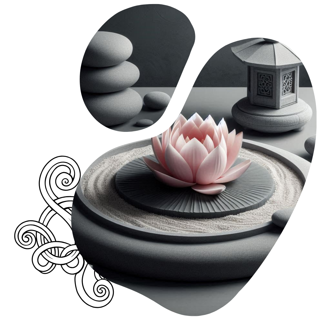1 Photo d'un lotus sur un jardin zen, avec une lanterne et un cairn